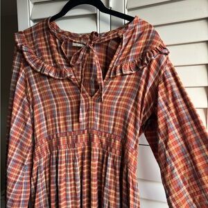 Doen Honey Tiered Cotton Dress in Autumn Plaid with adorable peter pan collar xs